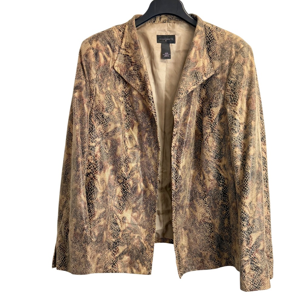 Investments II Womens Brown Snakeskin Print Open Front Blazer Jacket Plus 20W